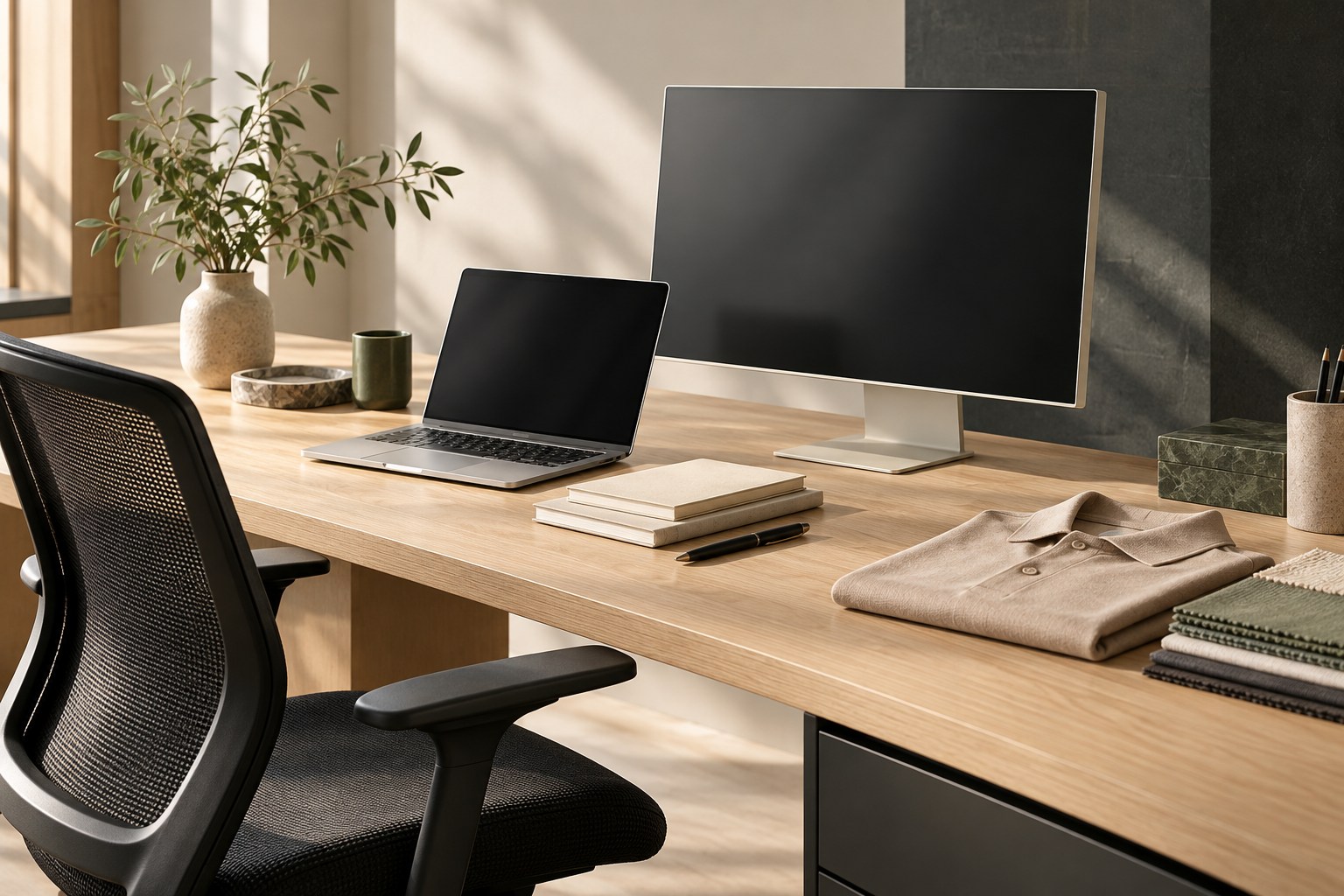 Illustrative workspace with office equipment, stationery and apparel
